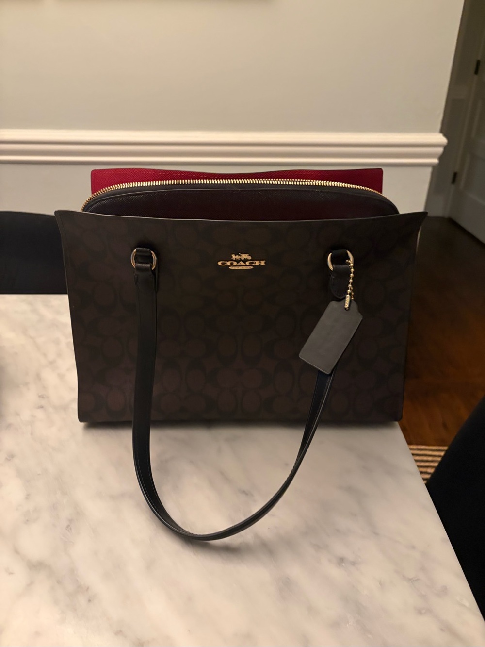 NWOT Coach Tadum Carryall Brown Signature Tote with Red Interior Accent